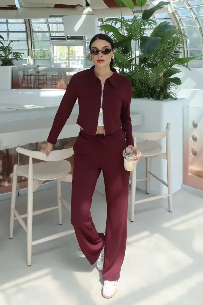 Oysho Kumaş Polo Yaka Çift Fermuarlı Takım Bordo