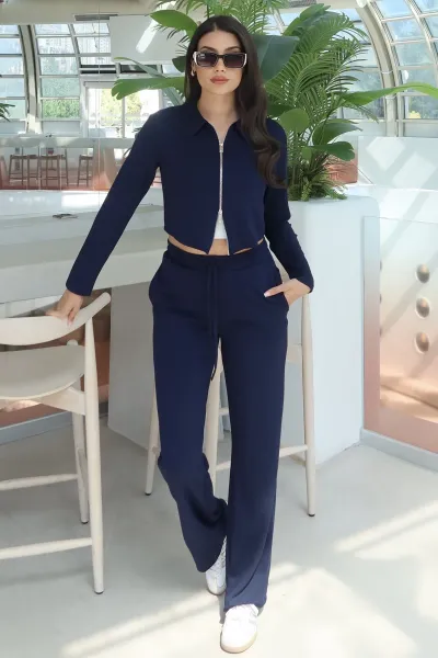 Oysho Kumaş Polo Yaka Çift Fermuarlı Takım Lacivert