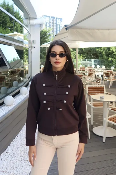 Scuba Kumaş Çin Düğmeli Fermuarlı Ceket Kahverengi