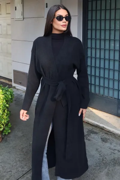 Triko Kuşaklı Uzun Hırka Siyah