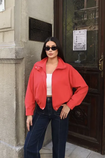 Gabardin Kumaş Fermuarlı Astarlı Ceket Kırmızı