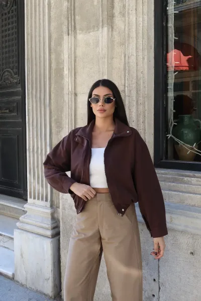 Gabardin Kumaş Fermuarlı Astarlı Ceket Kahverengi