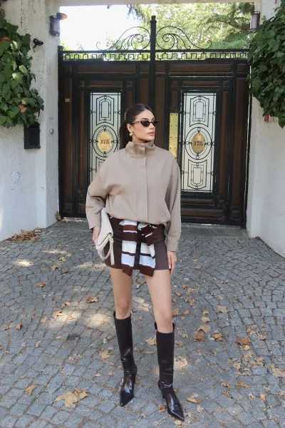 Gabardin Kumaş Fermuarlı Astarlı Ceket Bej
