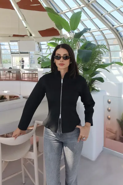Scuba Kumaş Çift Fermuarlı Ceket Siyah