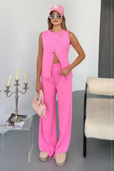 Gold Aksesuarlı Triko Takım — Pembe
