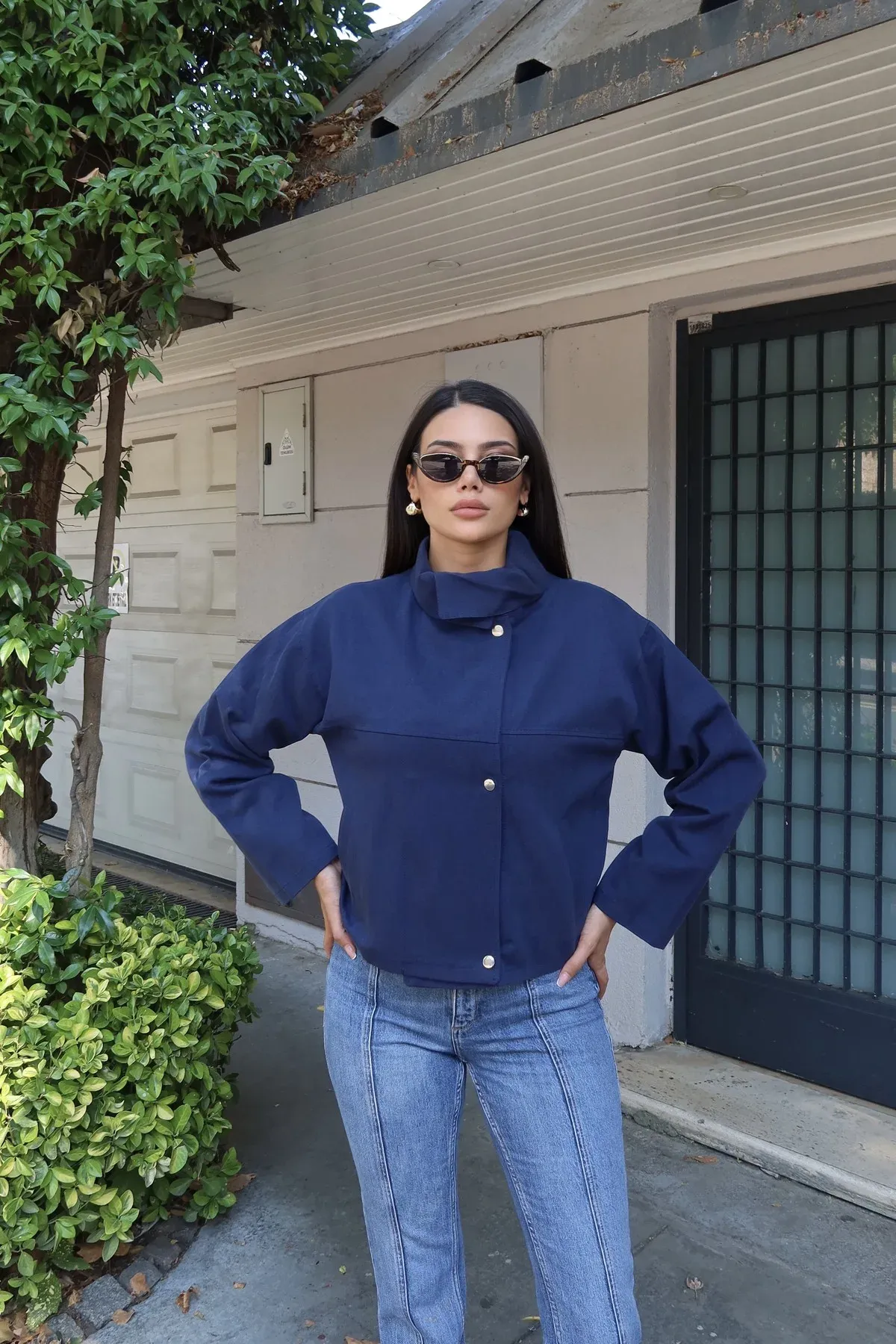 Gabardin Kumaş Dik Yaka Çıtçıtlı Ceket Lacivert