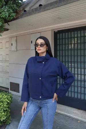 Gabardin Kumaş Dik Yaka Çıtçıtlı Ceket Lacivert