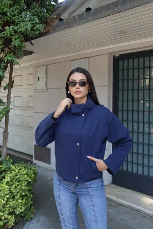 Gabardin Kumaş Dik Yaka Çıtçıtlı Ceket Lacivert
