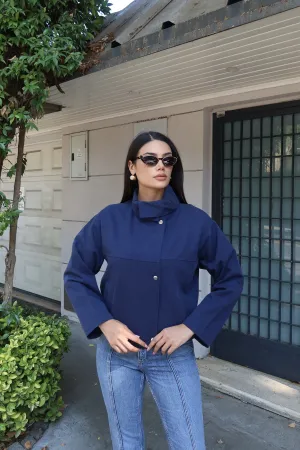 Gabardin Kumaş Dik Yaka Çıtçıtlı Ceket Lacivert