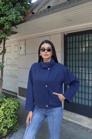 Gabardin Kumaş Dik Yaka Çıtçıtlı Ceket Lacivert