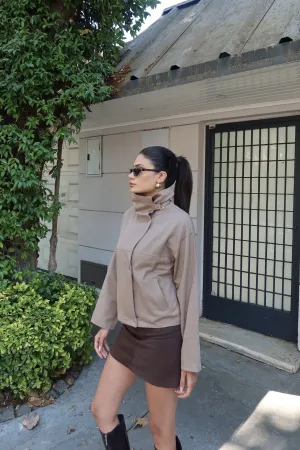 Gabardin Kumaş Dik Yaka Çıtçıtlı Ceket Bej
