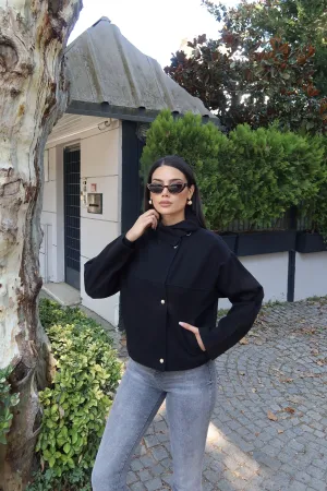 Gabardin Kumaş Dik Yaka Çıtçıtlı Ceket Siyah
