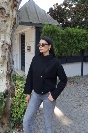 Gabardin Kumaş Dik Yaka Çıtçıtlı Ceket Siyah