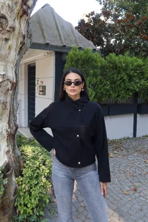 Gabardin Kumaş Dik Yaka Çıtçıtlı Ceket Siyah