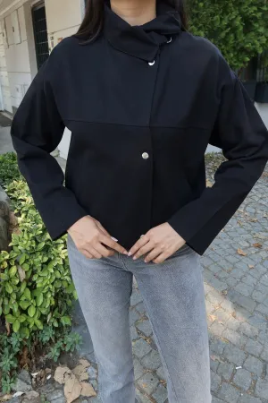 Gabardin Kumaş Dik Yaka Çıtçıtlı Ceket Siyah