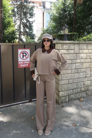 Gabardin Kumaş Fermuarlı Yaka Garnili Ceket Bej