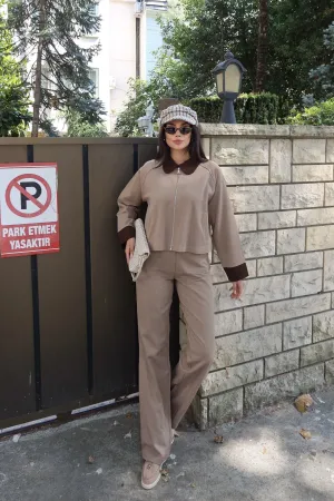 Gabardin Kumaş Fermuarlı Yaka Garnili Ceket Bej