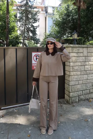 Gabardin Kumaş Fermuarlı Yaka Garnili Ceket Bej