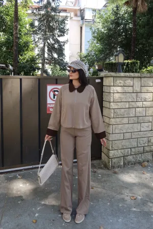 Gabardin Kumaş Fermuarlı Yaka Garnili Ceket Bej
