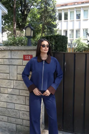 Gabardin Kumaş Fermuarlı Yaka Garnili Ceket Lacivert