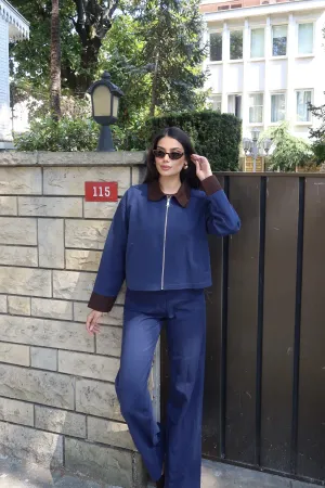 Gabardin Kumaş Fermuarlı Yaka Garnili Ceket Lacivert