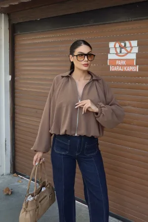 Linda Twill Kumaş Fermuarlı Ceket Camel 2