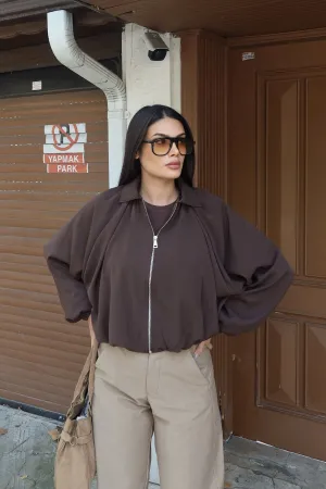 Linda Twill Kumaş Fermuarlı Ceket Kahverengi 3