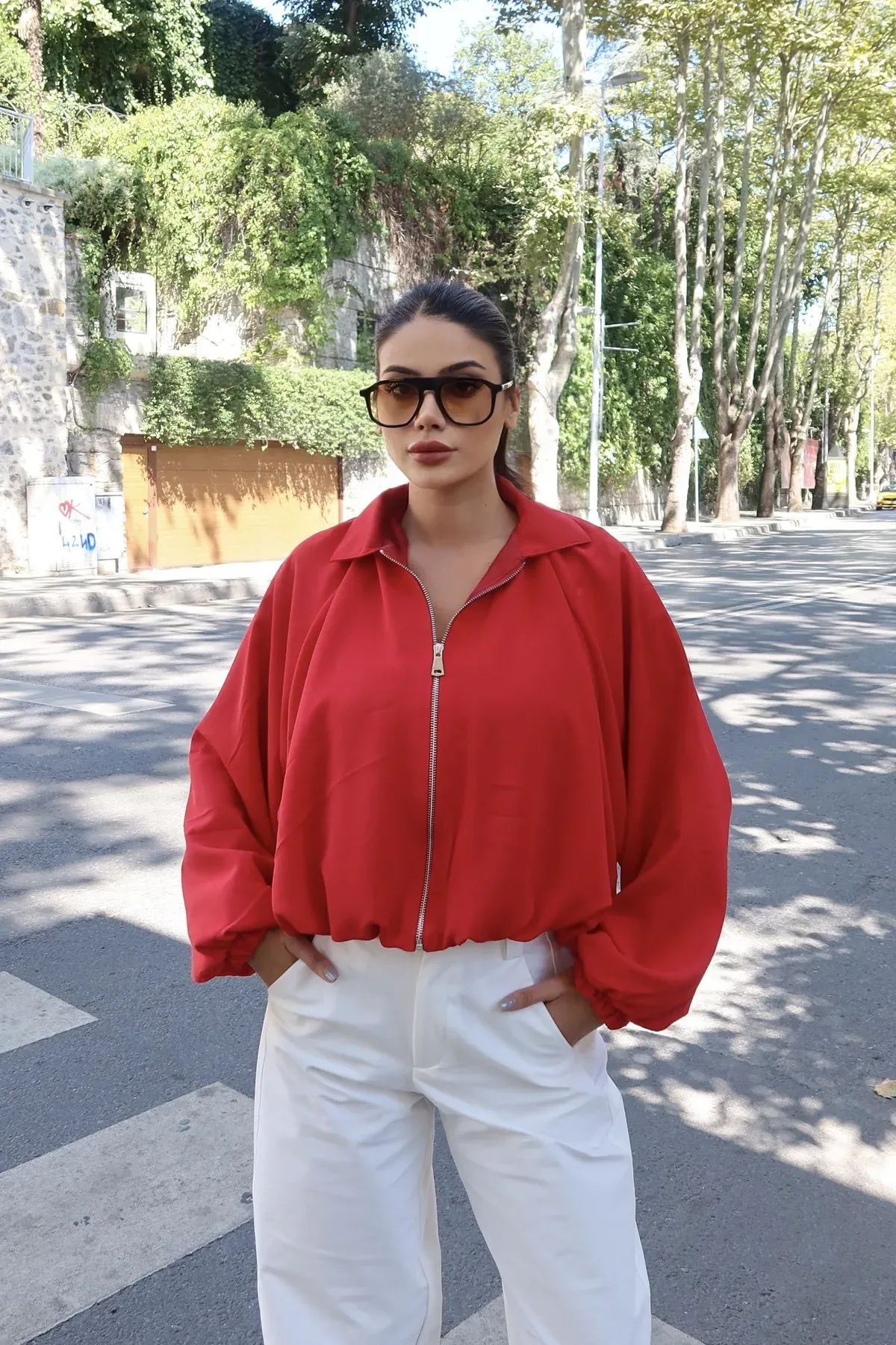 Linda Twill Kumaş Fermuarlı Ceket Kırmızı 1