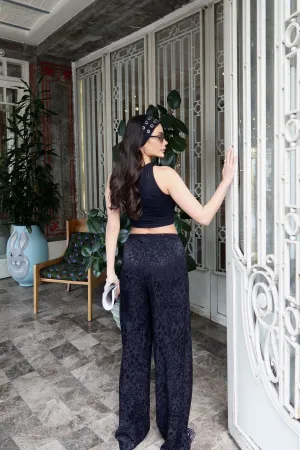 Leopar Desenli Saten Pantolon Siyah Siyah 4