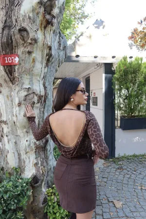 Leopar Kumaş Sırt Dekolteli Zincirli Bluz Leopar Leopar 5