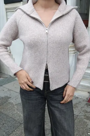Çift Fermuarlı Triko Hırka Bej Bej 2