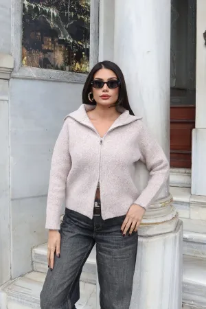 Çift Fermuarlı Triko Hırka Bej Bej 3