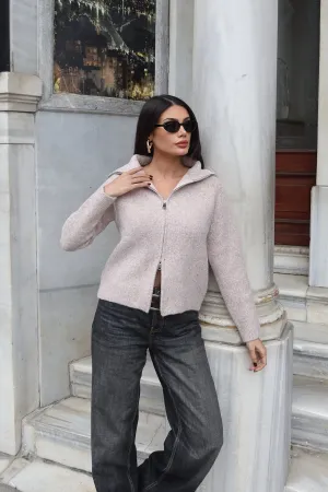 Çift Fermuarlı Triko Hırka Bej Bej 4