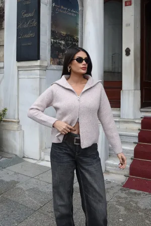 Çift Fermuarlı Triko Hırka Bej Bej 5