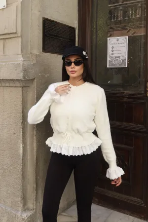 Güpürlü Bel Lastikli Triko Hırka Beyaz 3