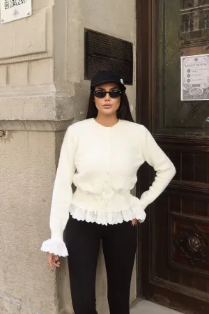 Güpürlü Bel Lastikli Triko Hırka Beyaz 4