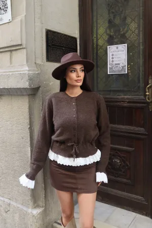 Güpürlü Bel Lastikli Triko Hırka Kahverengi 2