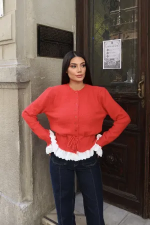 Güpürlü Bel Lastikli Triko Hırka Kırmızı 2