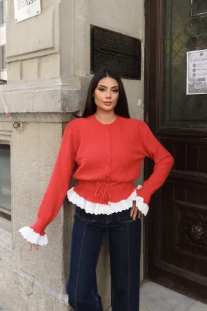 Güpürlü Bel Lastikli Triko Hırka Kırmızı 3