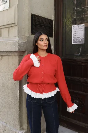 Güpürlü Bel Lastikli Triko Hırka Kırmızı 4