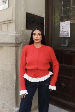 Güpürlü Bel Lastikli Triko Hırka Kırmızı 5