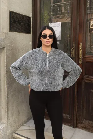 Simli Kumaş Fermuarlı Astarlı Ceket Gri Gri 2