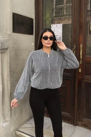Simli Kumaş Fermuarlı Astarlı Ceket Gri Gri 1