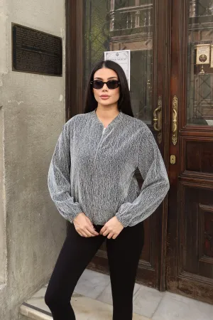 Simli Kumaş Fermuarlı Astarlı Ceket Gri Gri 3