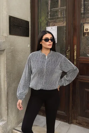 Simli Kumaş Fermuarlı Astarlı Ceket Gri Gri 4