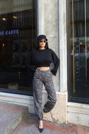 Gabardin Kumaş Desenli Pantolon Gri Leopar 2
