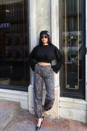 Gabardin Kumaş Desenli Pantolon Gri Leopar 4