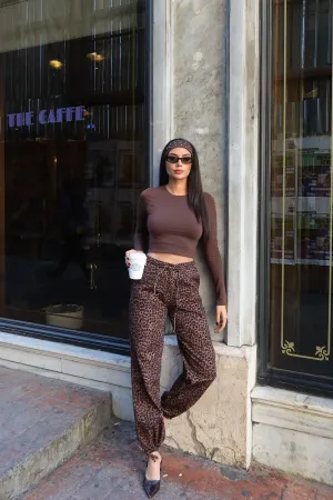 Gabardin Kumaş Desenli Pantolon Kahve Leopar 2
