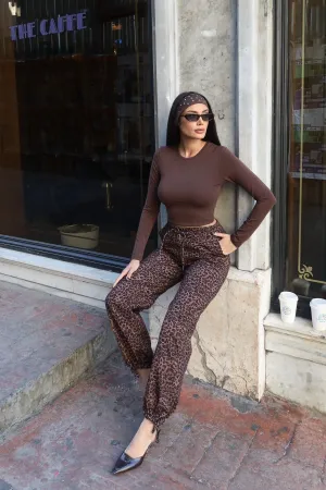 Gabardin Kumaş Desenli Pantolon Kahve Leopar 4