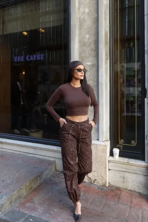 Gabardin Kumaş Desenli Pantolon Kahve Leopar 5